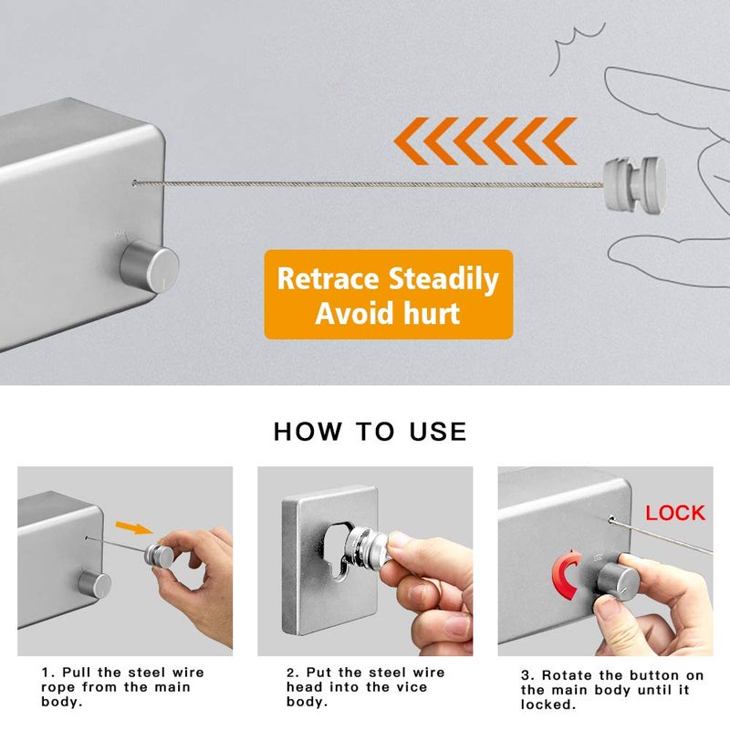 BESy Retractable Clothesline ABS case+Aluminum Dryer with Adjustable Stainless Steel Double Rope String Hotel Style Heavy Duty,Wall Mounted Method, 13.8 Feets,Silver - Image 3